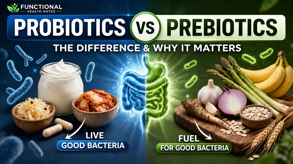 Probiotics vs Prebiotics difference illustrated with gut health foods, fermented probiotics and fiber-rich prebiotics for microbiome health