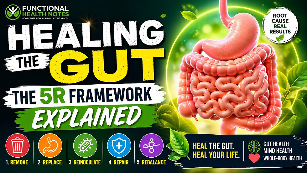 Healing the Gut 5R Framework Explained – Remove Replace Reinoculate Repair Rebalance gut health protocol for leaky gut, microbiome balance, inflammation, and root cause healing
