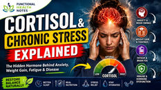 Woman experiencing chronic stress with cortisol hormone illustration highlighting symptoms including anxiety, belly fat, cravings, fatigue, brain fog, sleep problems, immune dysfunction, and natural ways to lower cortisol and restore health.