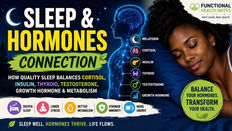 How sleep affects hormones naturally—Google Discover optimized Functional Health Notes infographic explaining the connection between sleep, cortisol, insulin resistance, thyroid function, testosterone, growth hormone, metabolism and better overall health.