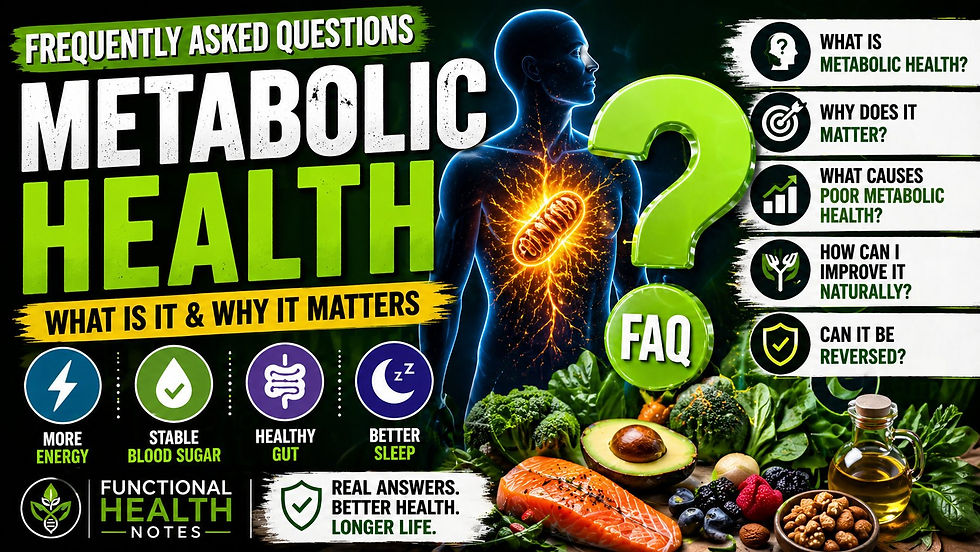 Metabolic health FAQ infographic explaining what metabolic health is, why it matters, causes of poor metabolism, and how to improve energy, blood sugar, gut health, and longevity
