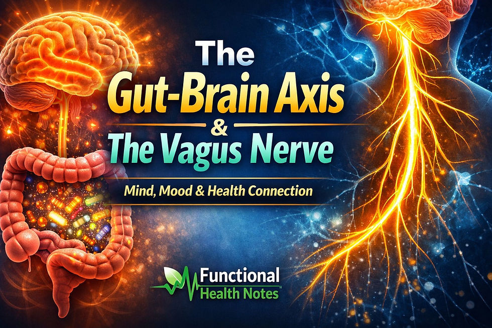 Gut-brain axis and vagus nerve connection showing brain and digestive system illustration with microbiome and neural pathways Functional Health Notes