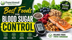 Natural foods that help lower blood sugar levels including salmon, leafy greens, berries, nuts, quinoa and avocado with blood glucose monitor for metabolic health and insulin support by Functional Health Notes