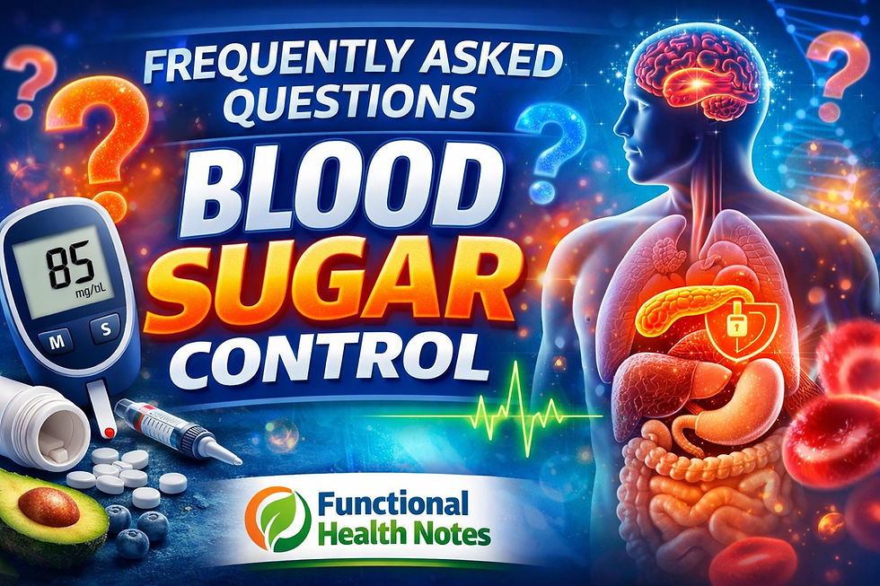 Blood sugar control FAQ infographic showing glucose meter insulin resistance and metabolic health illustration for functional health guidance