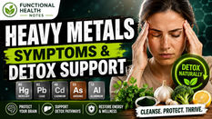 Woman experiencing heavy metal toxicity symptoms with mercury, arsenic and lead exposure warning alongside natural detox support foods and liver detox strategies