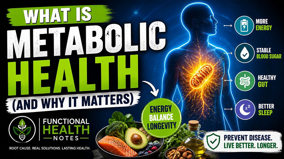 Metabolic health benefits infographic showing energy production, gut health, insulin balance, and disease prevention with whole foods and lifestyle optimization