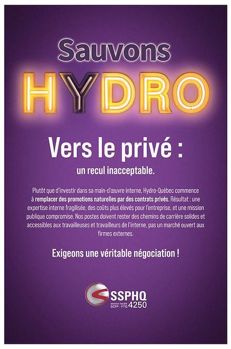 Affiche publicitaire pour la campagne Sauvons Hydro, du syndicat canadien de la fonction publique.
