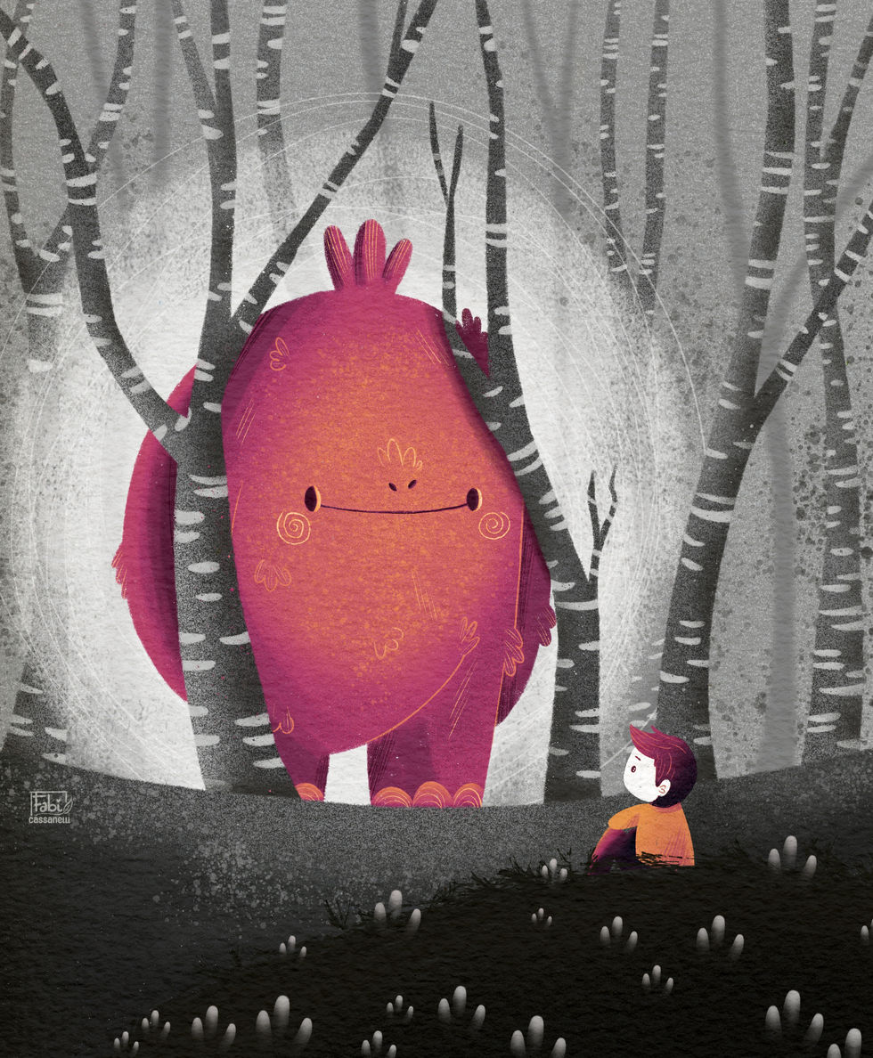 Boy standing in a forest looking at a gentle monster – whimsical children's book illustration with fantasy