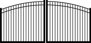Gate arches upwards with dual stacked horizontal rail, split in the middle