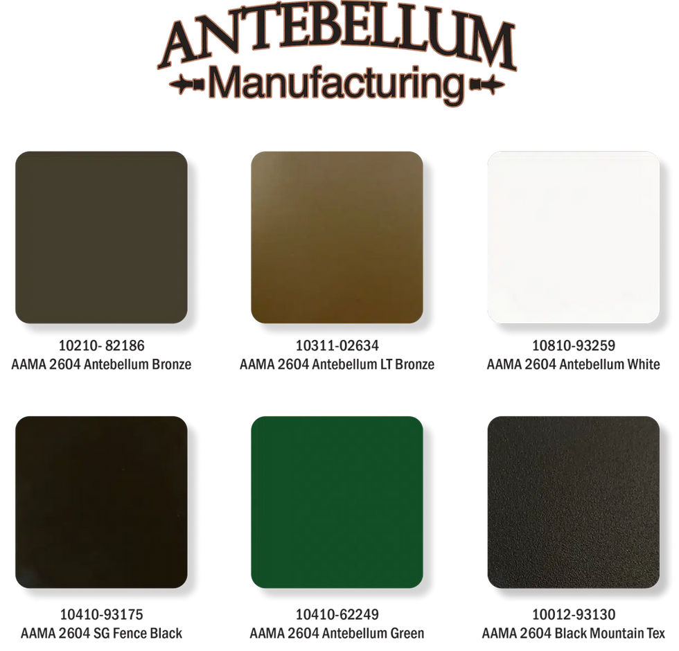 Antebellum color chart - Bronze, LT Bronze, White, Fence Black, Green, Black Mountain Tex