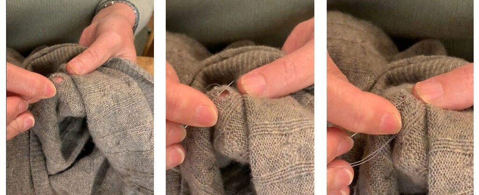 Close-up of invisible mending repairing hole in cashmere sweater