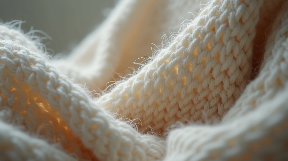 Close-up view of a delicate knit sweater showing fine wool fibers