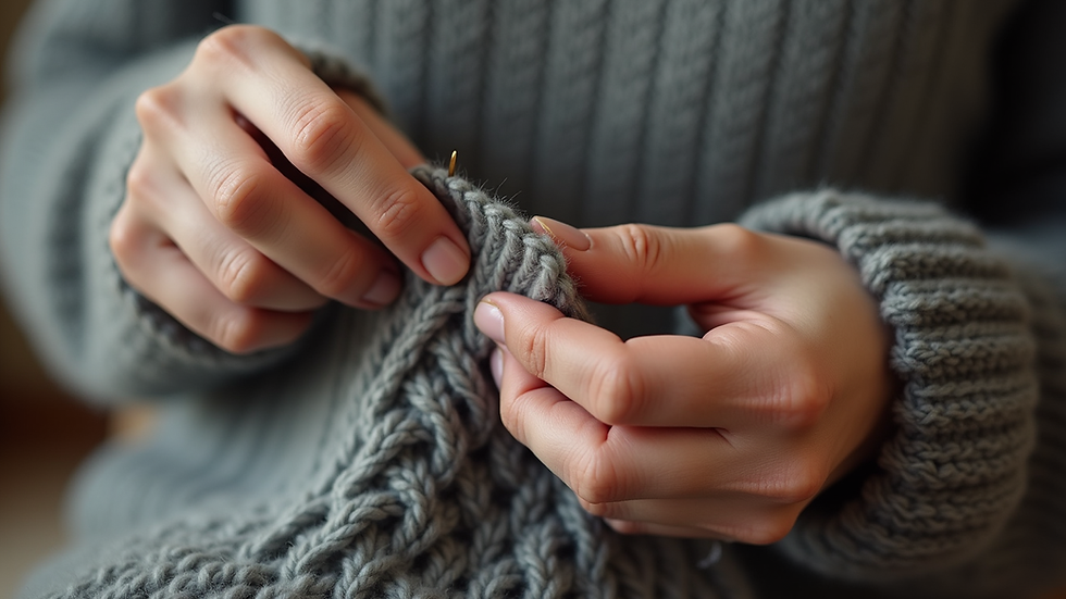 Close-up view of a hand repairing a knit sweater with a needle and yarn