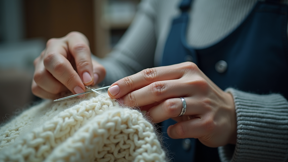 Close-up view of a technician repairing a knit sweater with fine needles