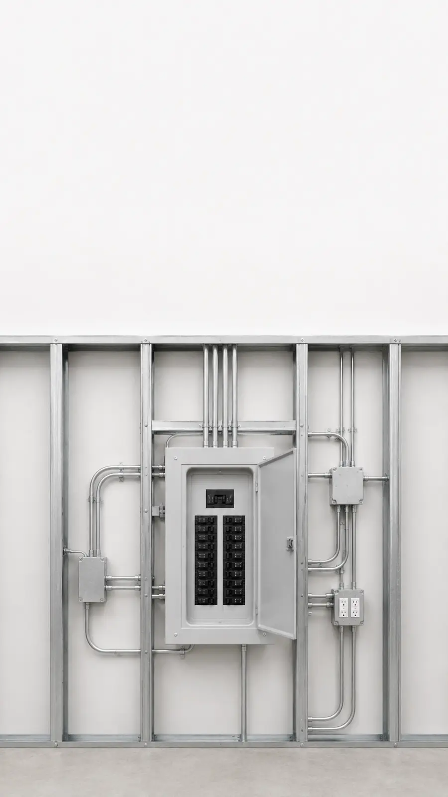 Electrical panel installation within metal framing for a commercial build-out