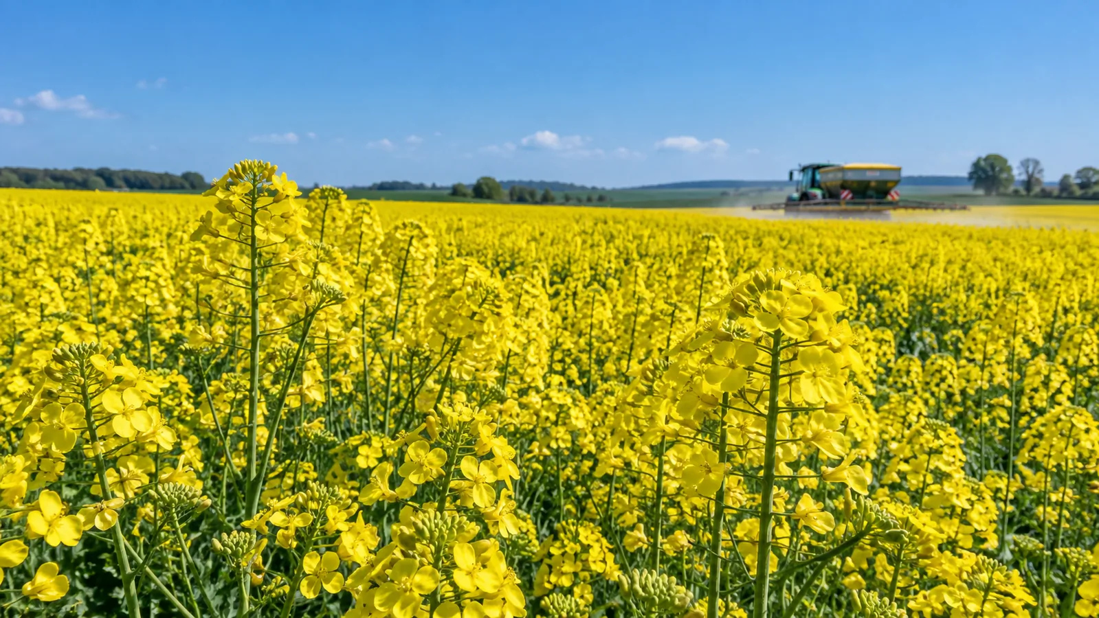 Поле ріпаку під час обприскування