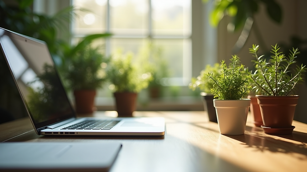 Close-up of a serene work environment with plants and soft lighting