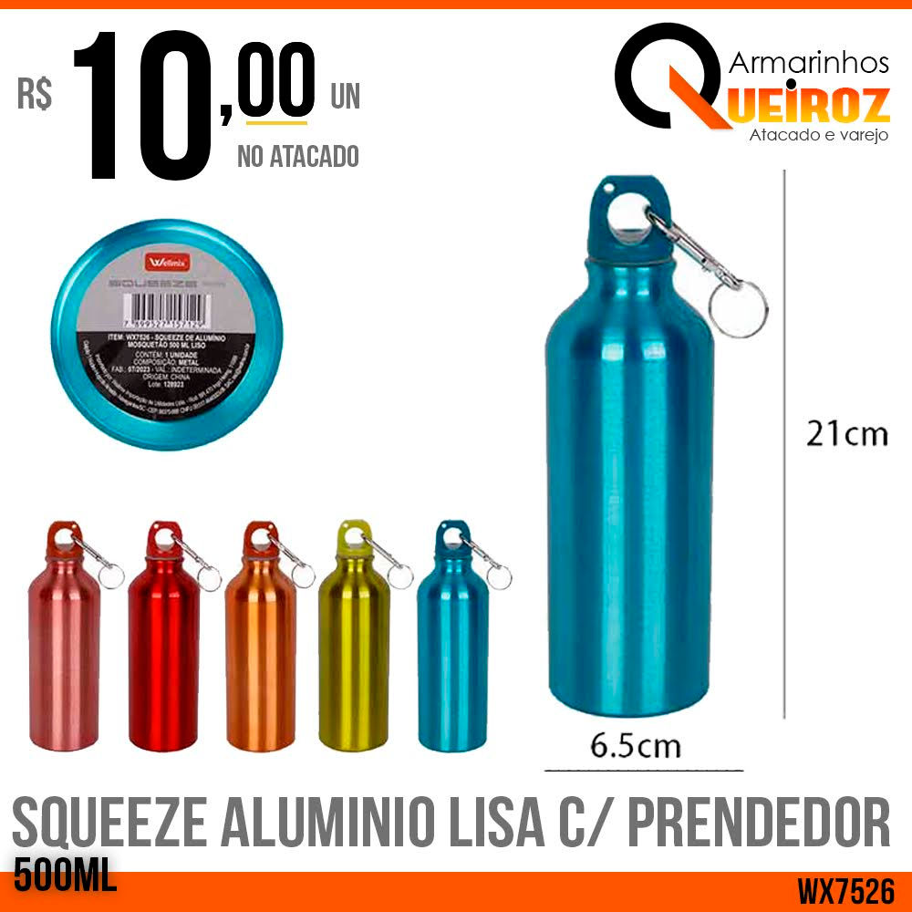 SQUEEZE ALUMÍNIO LISA C/ PRENDEDOR - 500ML