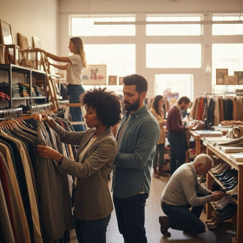 Shoppers browse clothes in a sunlit thrift store, with people sorting racks and shoes in a warm, busy setting.