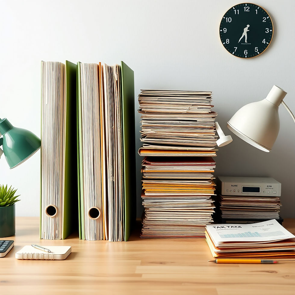 tax files on a desk in the color scheme of moss green and white.jpg