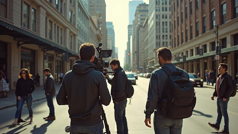 High angle view of a film crew setting up cameras in an Austin cityscape