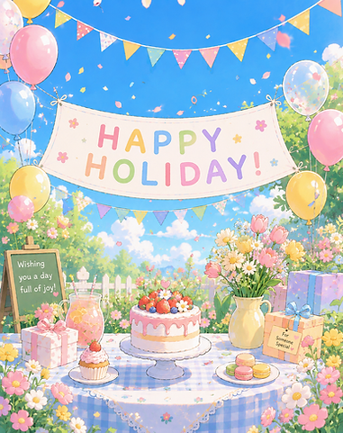 Petalbay Island holiday celebration with flowers, cake and balloons