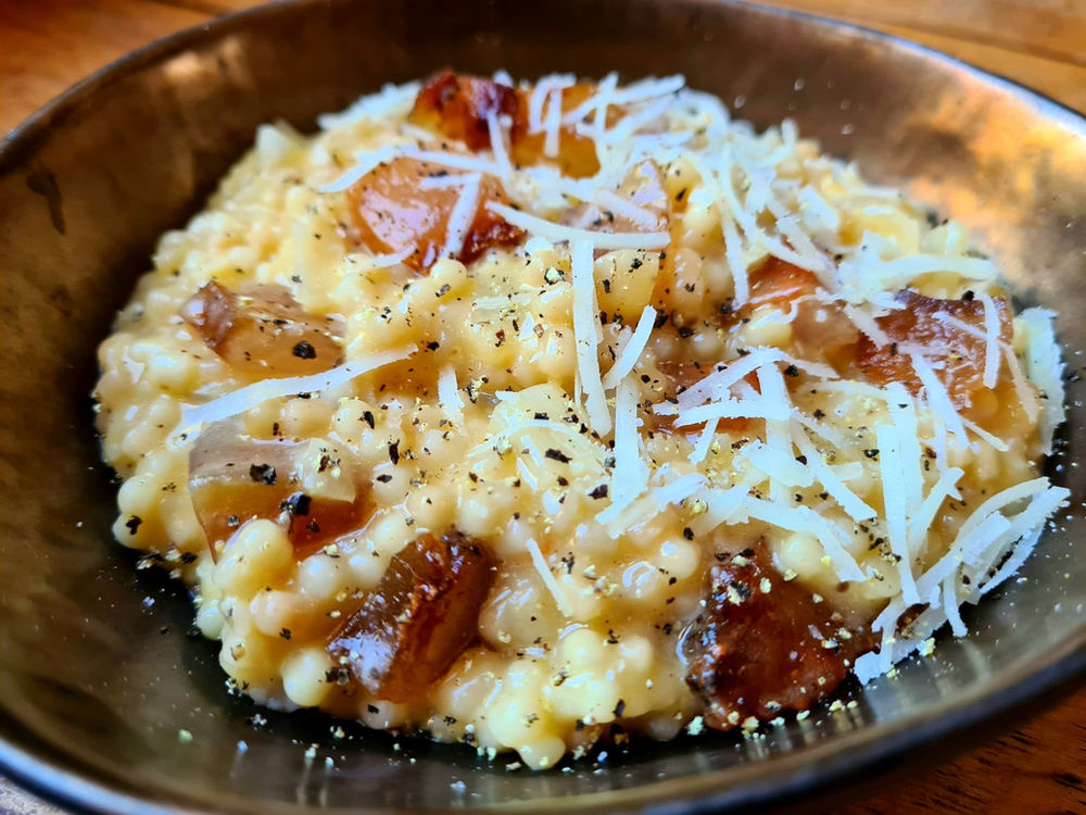 Risotto de couscous perlé façon carbonara