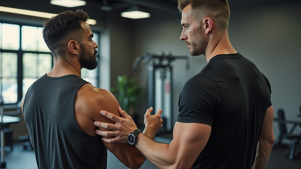 Close-up view of a fitness coach explaining workout techniques to a client