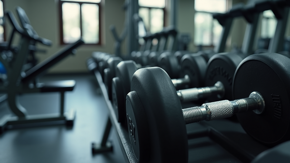 Close-up view of dumbbells and workout equipment in a gym