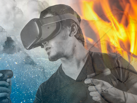 A man wearing a VR headset and holding vr controllers on a background that has the 4 elements water, earth, air, and fire.