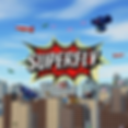 A piece of capsule art from Superfly including the red and yellow comic bubble Superfly logo, a city background, and various robots flying around.