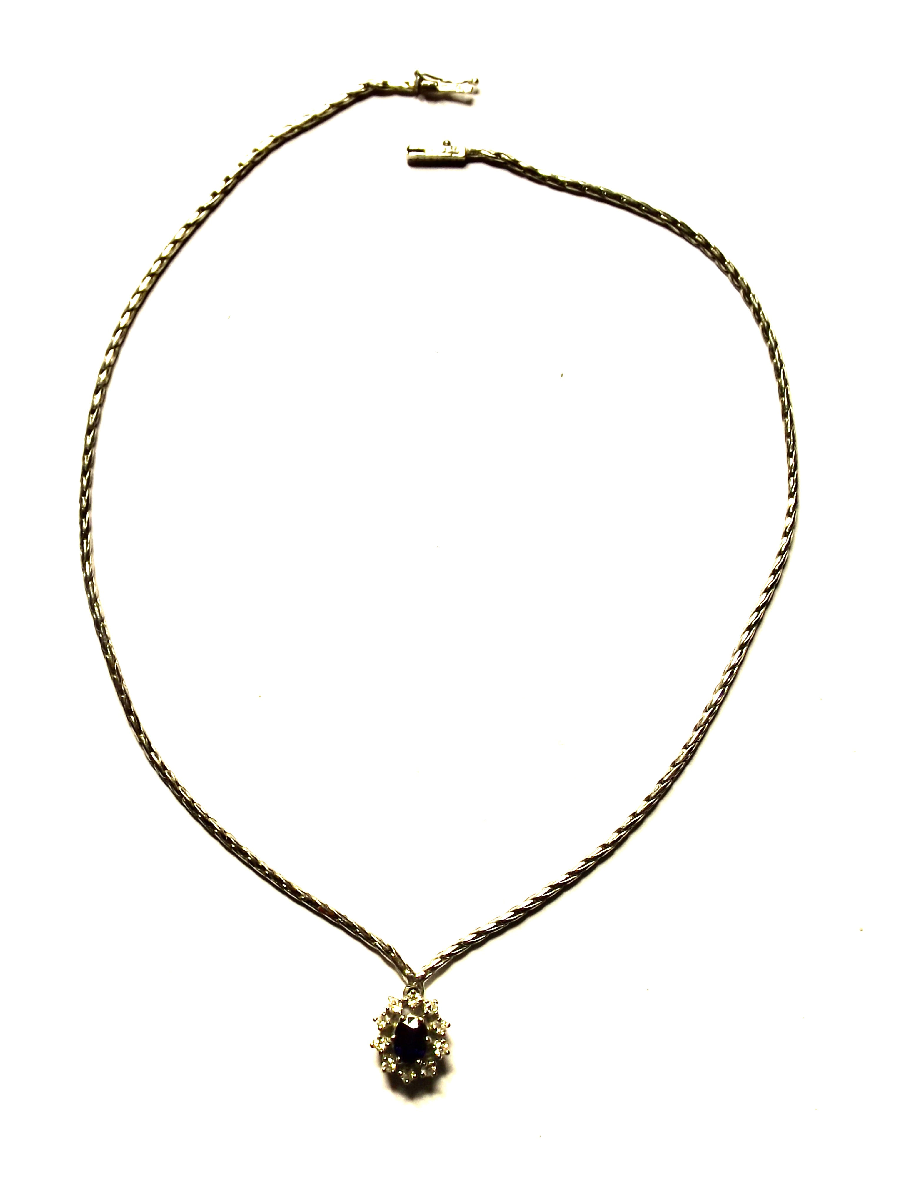 1394* Halskette 10 Brillanten ca 0,8 K 1 Saphir - Weiss Gold 14 K .585/ ca 11,5g