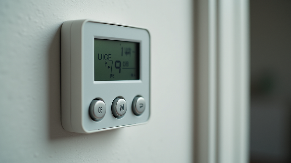Eye-level view of a programmable heating thermostat on the wall