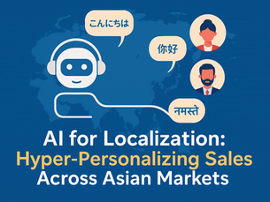 A 2D digital illustration showing AI connecting with diverse Asian markets through multiple languages, representing hyper-personalization in sales across Asia.