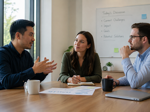 Customer Success Manager listening attentively as a client explains business challenges during a collaborative meeting, with a closed laptop, notebook, and coffee mugs on the conference table.