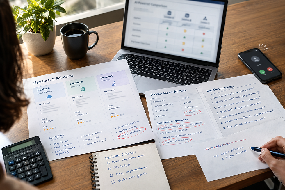 B2B buyer comparing three solutions after AI-assisted research while identifying uncertainties and questions that need validation