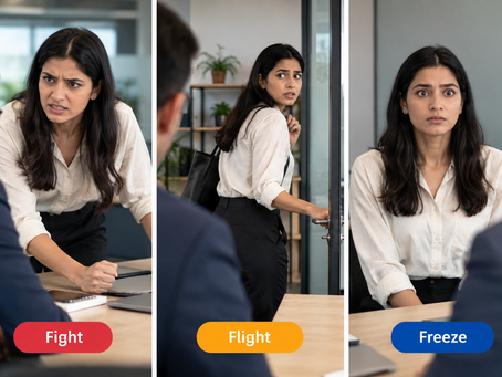 Triptych showing a professional displaying fight, flight, and freeze stress responses in the workplace, from defensive tension to withdrawal and an overwhelmed stillness.