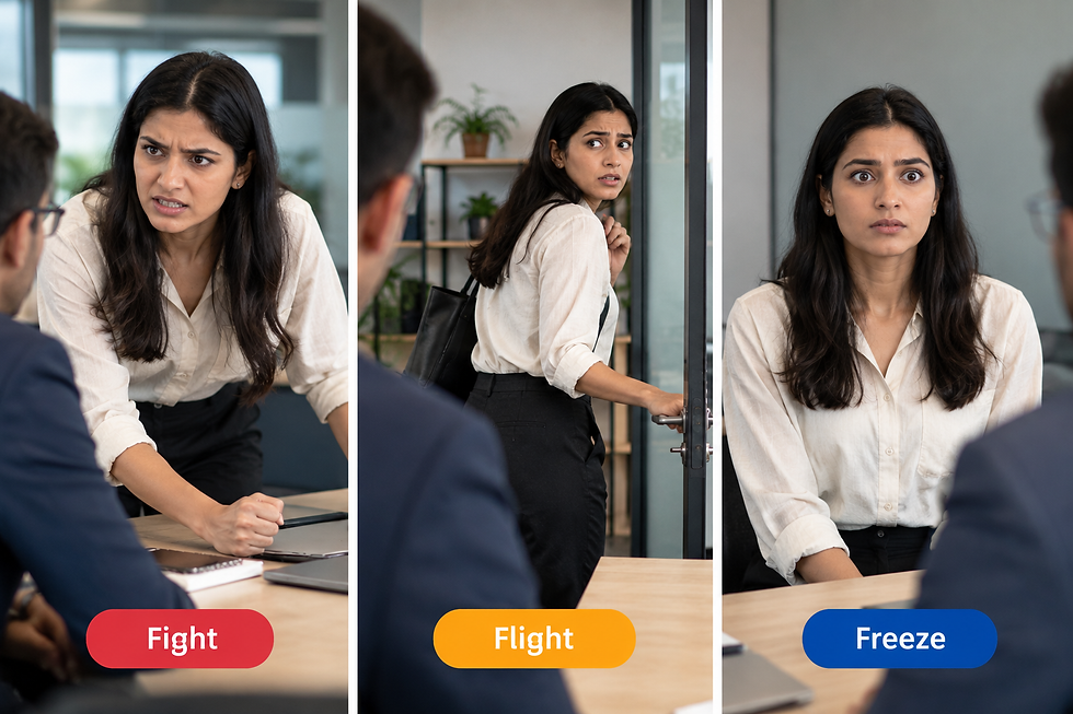 Triptych showing a professional displaying fight, flight, and freeze stress responses in the workplace, from defensive tension to withdrawal and an overwhelmed stillness.