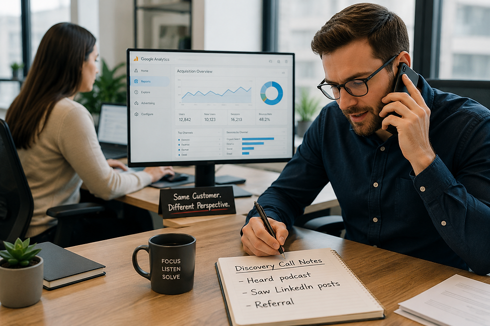 Sales representative conducting a discovery call while taking handwritten notes about a buyer's journey as a marketing professional reviews Google Analytics data, illustrating the difference between buyer-reported attribution and analytics data in B2B marketing.