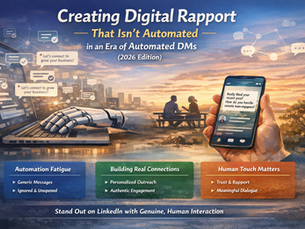 the contrast between automated and human communication: a robotic hand typing generic messages on a laptop on one side, and a human hand holding a smartphone with a personalized, conversational message on the other. In the background, a warm-toned cityscape at sunset with subtle connection icons and two people talking face-to-face symbolizes authentic relationship-building. The overall color palette is soft and calming, emphasizing trust, personalization, and genuine digital rapport.