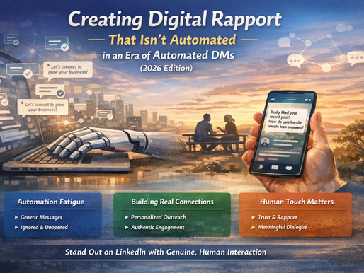 the contrast between automated and human communication: a robotic hand typing generic messages on a laptop on one side, and a human hand holding a smartphone with a personalized, conversational message on the other. In the background, a warm-toned cityscape at sunset with subtle connection icons and two people talking face-to-face symbolizes authentic relationship-building. The overall color palette is soft and calming, emphasizing trust, personalization, and genuine digital rapport.