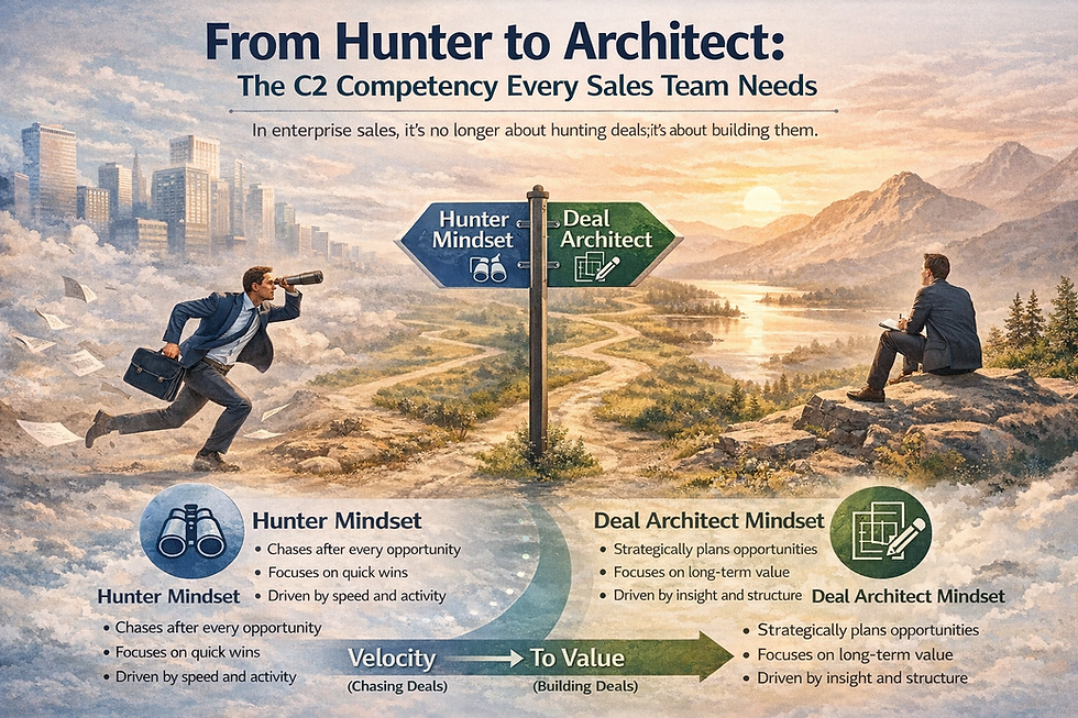 Soft, landscape illustration showing the transition from a fast-moving “hunter” salesperson chasing opportunities to a calm “deal architect” thoughtfully planning and building deals, symbolizing the shift from speed and activity to strategy, discovery, and long-term value.