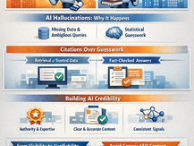 Infographic comparing AI hallucinations vs citations, showing how AI guesses with unverified information versus trusting reliable sources, and explaining how brands can build authority, structure content clearly, and provide credible signals so AI confidently cites them instead of generating assumptions.