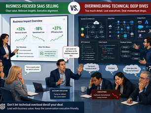 Sales Engineer overwhelming executives with technical SaaS demo while Account Executive tries to redirect enterprise sales conversation