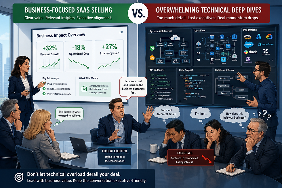 Sales Engineer overwhelming executives with technical SaaS demo while Account Executive tries to redirect enterprise sales conversation