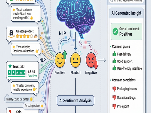 Infographic showing how AI analyzes customer reviews from Google, Amazon, Trustpilot, and Yelp using NLP sentiment analysis to determine overall brand reputation and generate AI search insights.