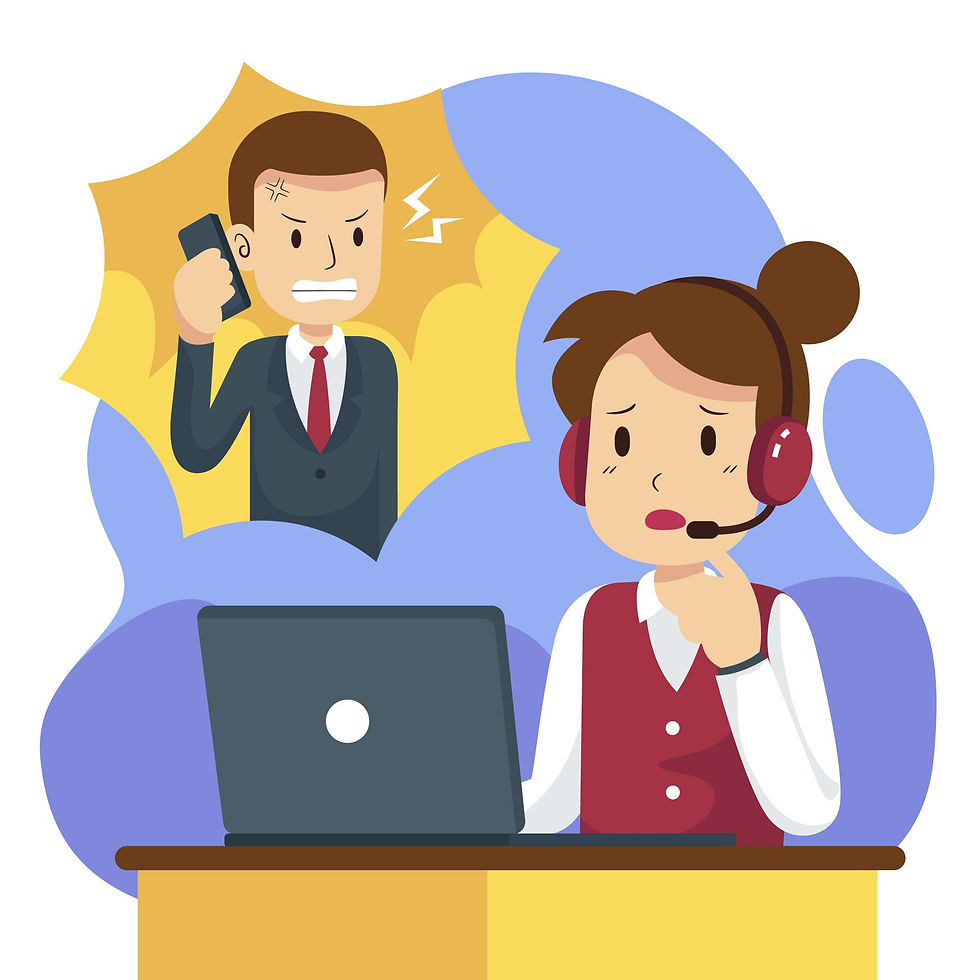 An illustration of a stressed female customer service representative wearing a headset, sitting at a desk with a laptop. She looks worried while dealing with an angry male customer, who is shown in a thought bubble yelling on the phone with an angry expression. The background uses blue and yellow tones to emphasize the emotions in the scene.