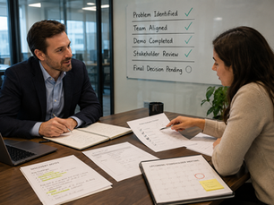 B2B salesperson and buyer reviewing discovery notes, evaluation checklists, and action plans during a collaborative meeting, with a whiteboard showing completed sales milestones and a final decision still pending.