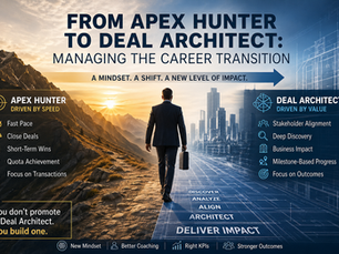 Minimal landscape infographic showing a career shift from “Apex Hunter” to “Deal Architect.” On the left, a rugged mountain path at sunrise represents fast-paced, transactional selling with icons for speed, closing deals, and short-term wins. On the right, a modern city blueprint symbolizes structured enterprise selling with elements like stakeholder alignment, deep discovery, and business impact. A professional figure walks from the mountain side toward the city, illustrating transition. Center text highlights stages like Discover, Analyze, Align, Architect, and Deliver Impact, with a bold headline about managing the career transition.