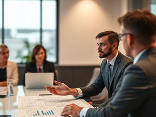 Business professionals in a modern conference room discussing software strategy and business value during an enterprise SaaS sales meeting.
